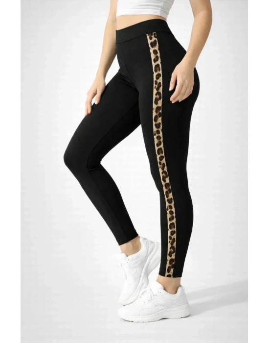 ikralı Yan eopar Şeritli Detaylı Tayt  iyah