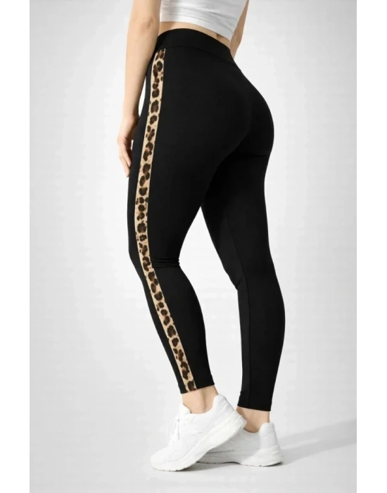 ikralı Yan eopar Şeritli Detaylı Tayt  iyah