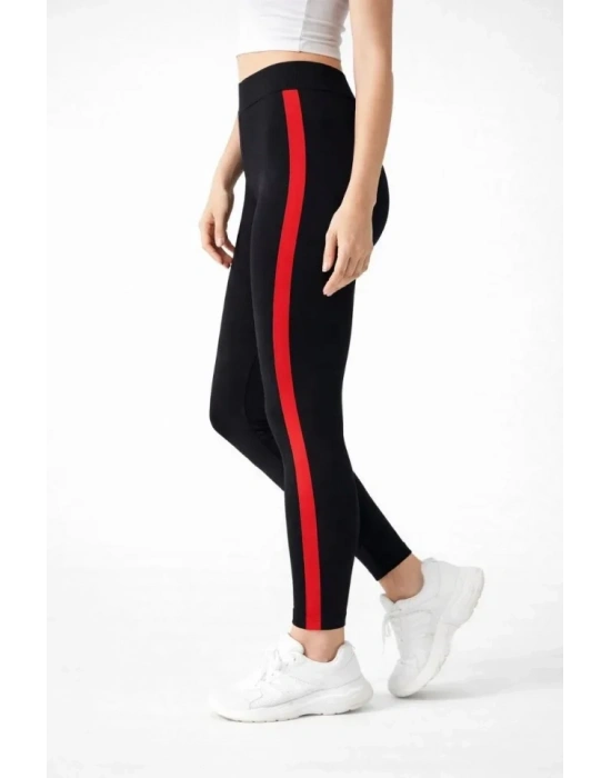 ikralı Yan Kırmızı Şeritli Detaylı Tayt  iyah