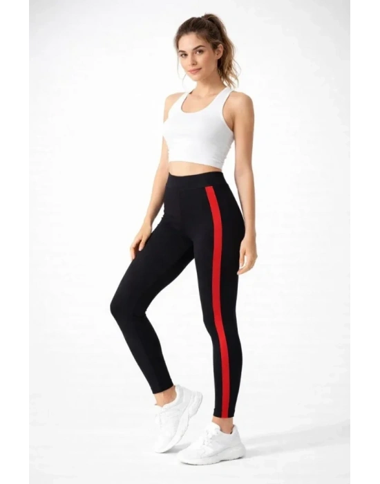 ikralı Yan Kırmızı Şeritli Detaylı Tayt  iyah