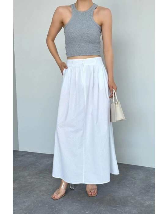 İnce Pileli Düz Etek  Beyaz