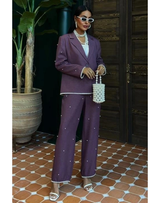 İnci Detaylı Ceket Pantolon Keten Takım 10124
