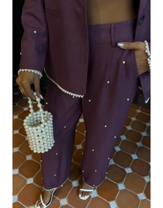 İnci Detaylı Ceket Pantolon Keten Takım 10124