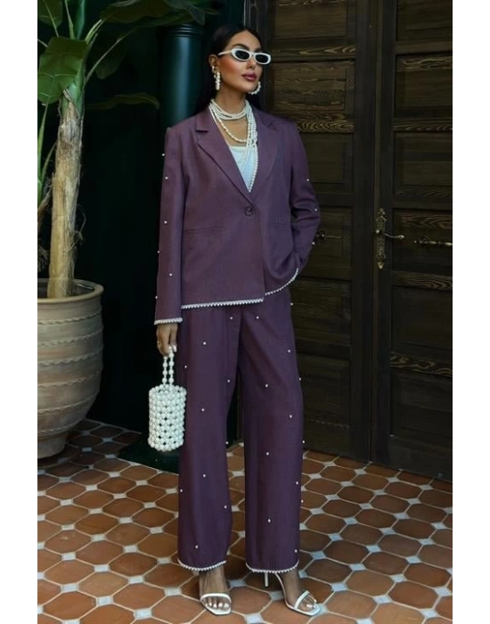 İnci Detaylı Ceket Pantolon Keten Takım 10124