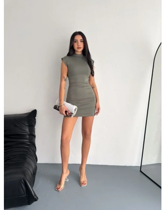 ini Elbise Yarım Balıkçı Yaka Vücuda Oturan Şık Günlük Elbise  int Yeşili