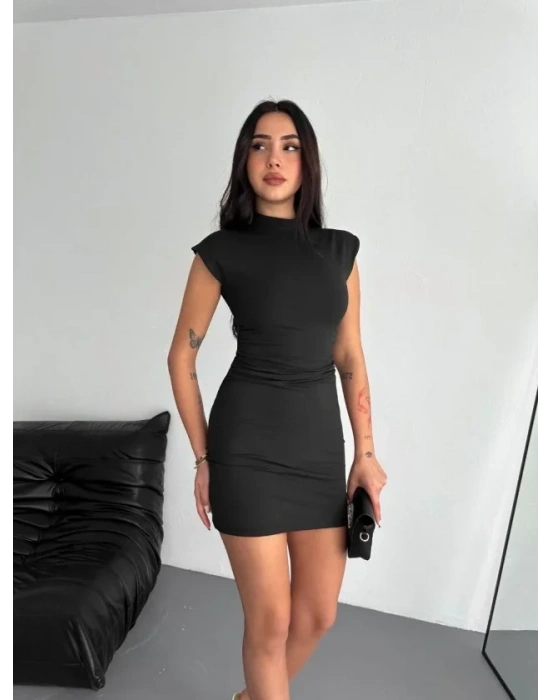 ini Elbise Yarım Balıkçı Yaka Vücuda Oturan Şık Günlük Elbise  iyah