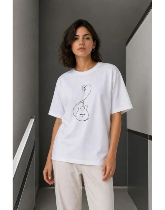 inimal Gitar Baskılı Tişört Thirt Yazlık Kısa Kol Bisiklet Yaka Thirt   Beyaz