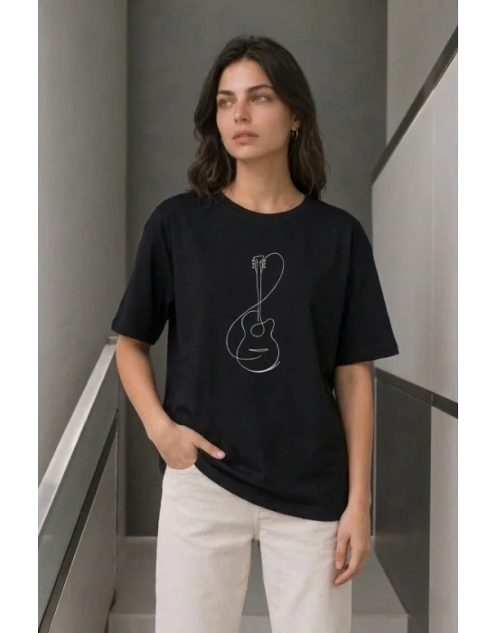 inimal Gitar Baskılı Tişört Thirt Yazlık Kısa Kol Bisiklet Yaka Thirt  iyah
