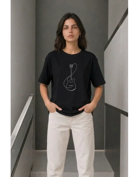 inimal Gitar Baskılı Tişört Thirt Yazlık Kısa Kol Bisiklet Yaka Thirt  iyah