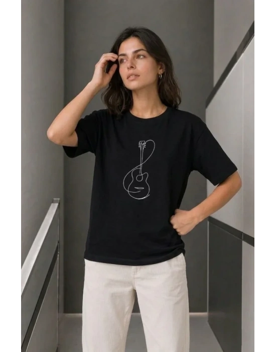 inimal Gitar Baskılı Tişört Thirt Yazlık Kısa Kol Bisiklet Yaka Thirt  iyah