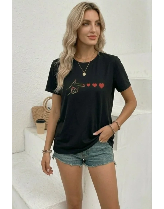 inimal Kalp İşaret Baskılı Tişört Kısa Kol Yazlık Thirt  iyah