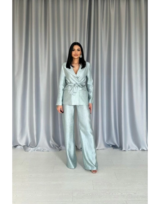 int Beli Kuşaklı Ceket Ve Pantolon Parlak Takım