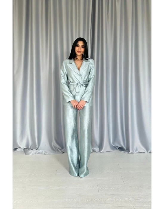 int Beli Kuşaklı Ceket Ve Pantolon Parlak Takım