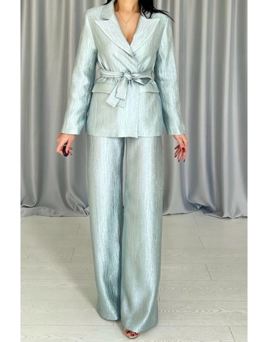 int Beli Kuşaklı Ceket Ve Pantolon Parlak Takım