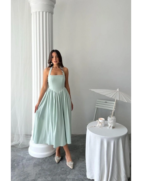 int Boyundan Bağlamalı Keten Elbise