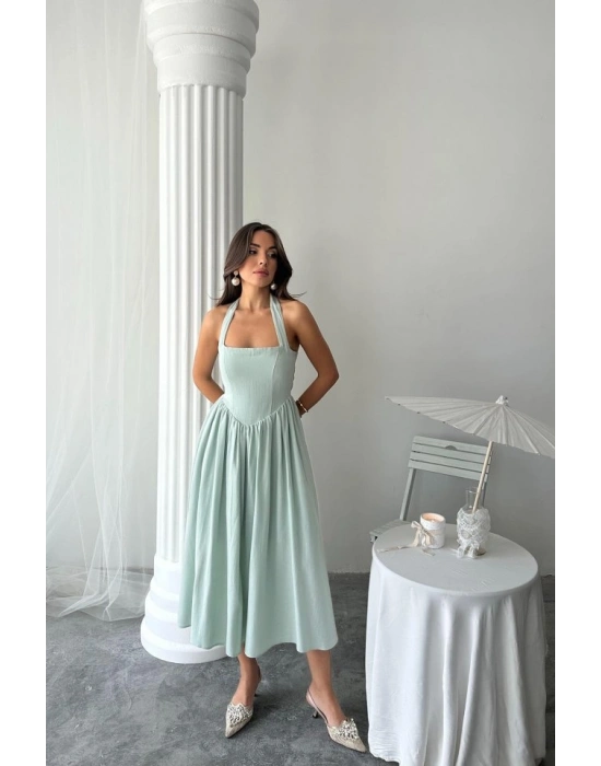 int Boyundan Bağlamalı Keten Elbise