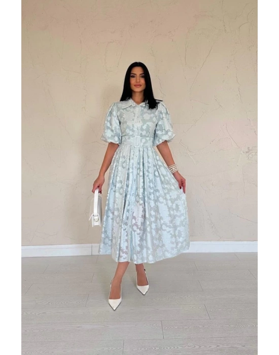 int Kemerli Balon Kollu Elbise