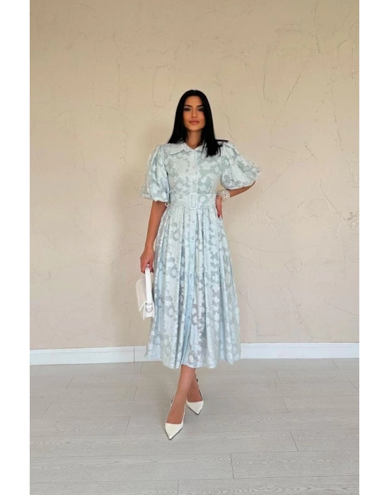 int Kemerli Balon Kollu Elbise