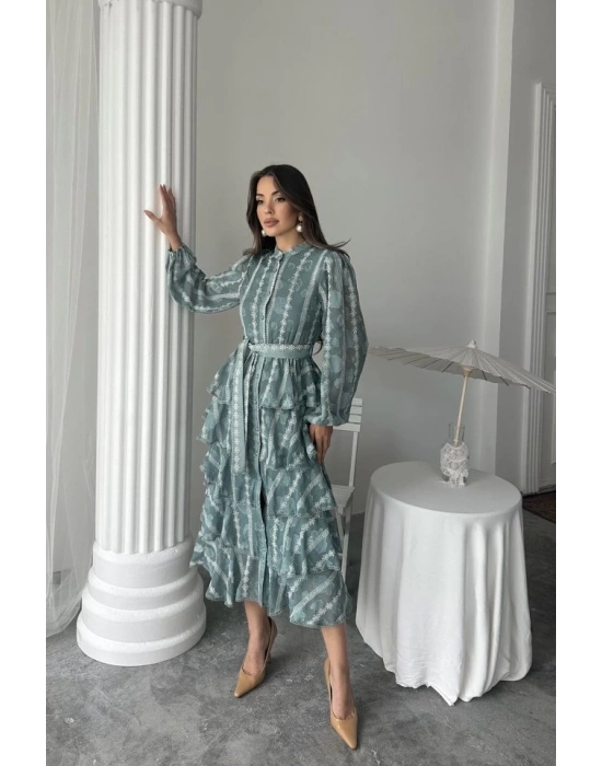 Mint Uzun Volanlı Elbise