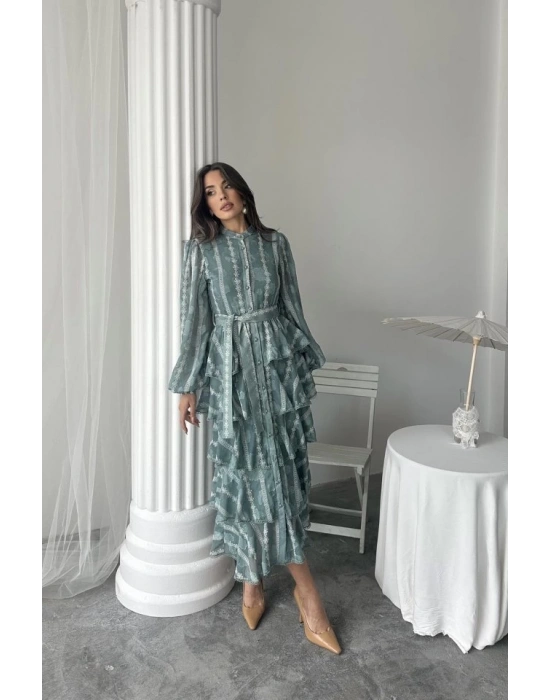 Mint Uzun Volanlı Elbise