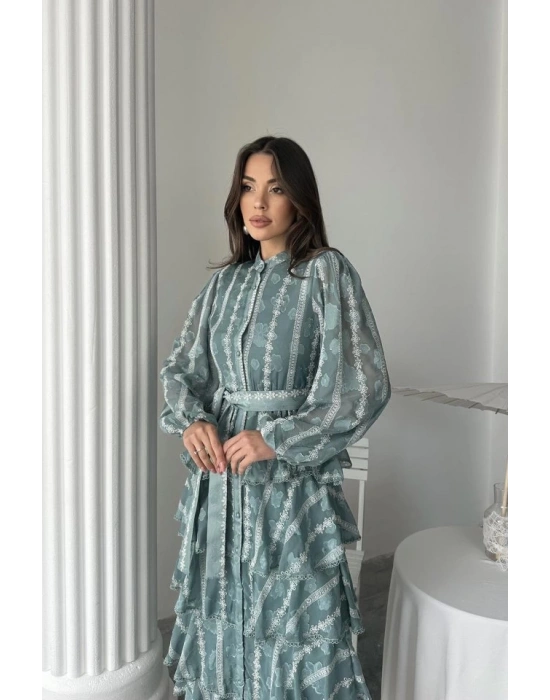 Mint Uzun Volanlı Elbise