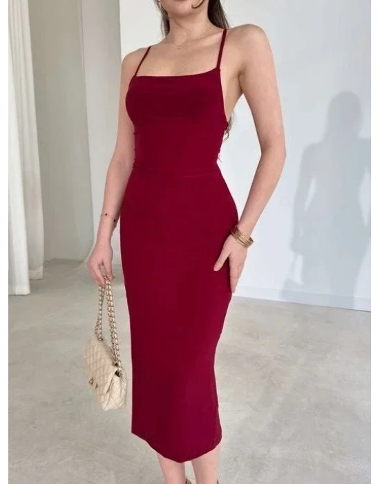 İp Askılı ırt Dekolteli Bağlama Detaylı Yırtmaçlı idi Elbise  Bordo