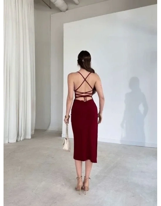 İp Askılı ırt Dekolteli Bağlama Detaylı Yırtmaçlı idi Elbise  Bordo