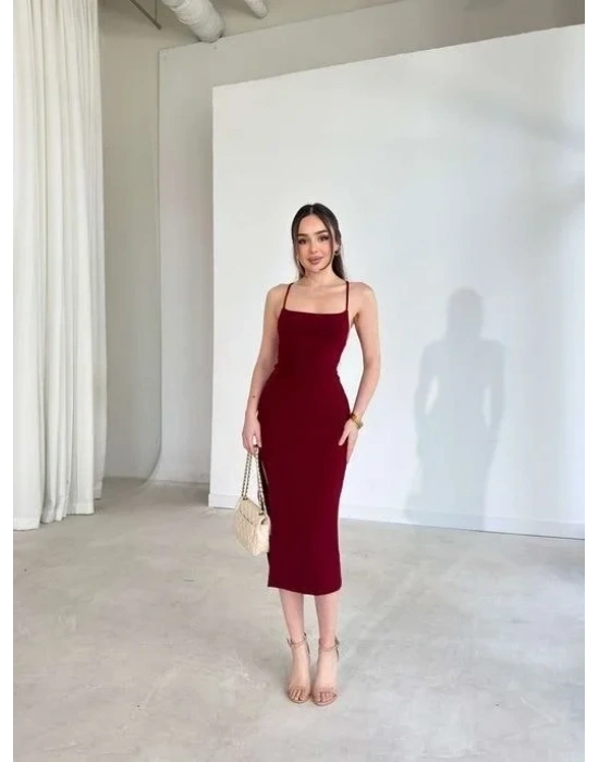 İp Askılı ırt Dekolteli Bağlama Detaylı Yırtmaçlı idi Elbise  Bordo