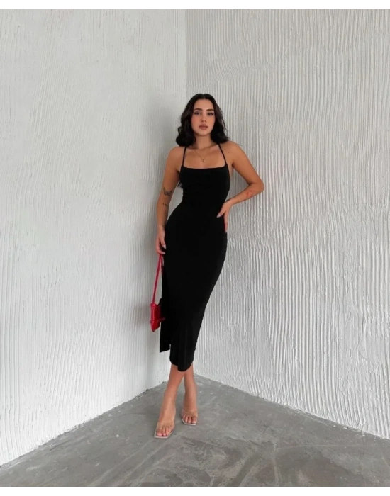 İp Askılı ırt Dekolteli Bağlama Detaylı Yırtmaçlı idi Elbise  iyah