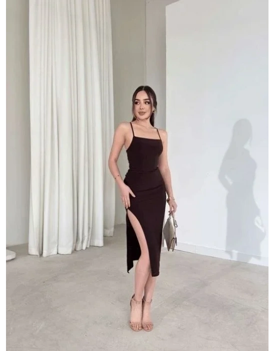 İp Askılı ırt Dekolteli Bağlama Detaylı Yırtmaçlı idi Elbise  Kahverengi