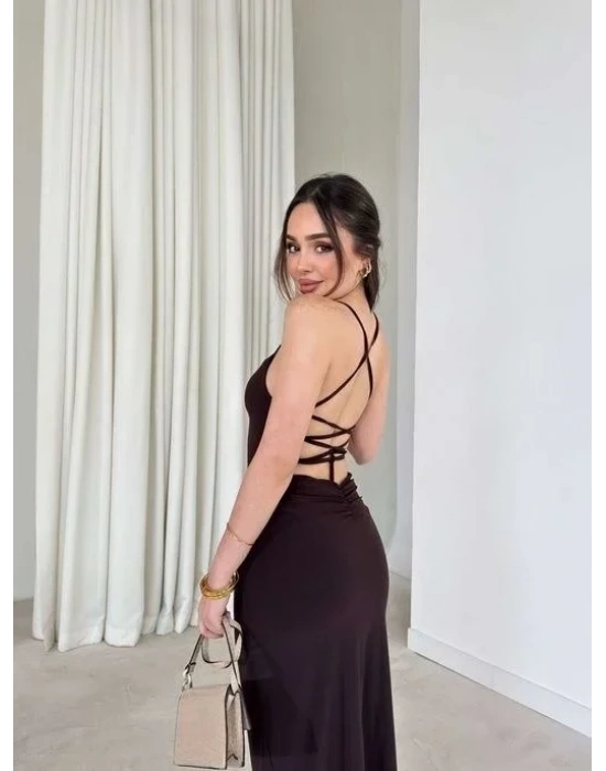 İp Askılı ırt Dekolteli Bağlama Detaylı Yırtmaçlı idi Elbise  Kahverengi