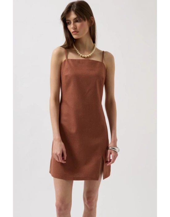 İp Askılı Yırtmaç Detay Keten ini Elbise