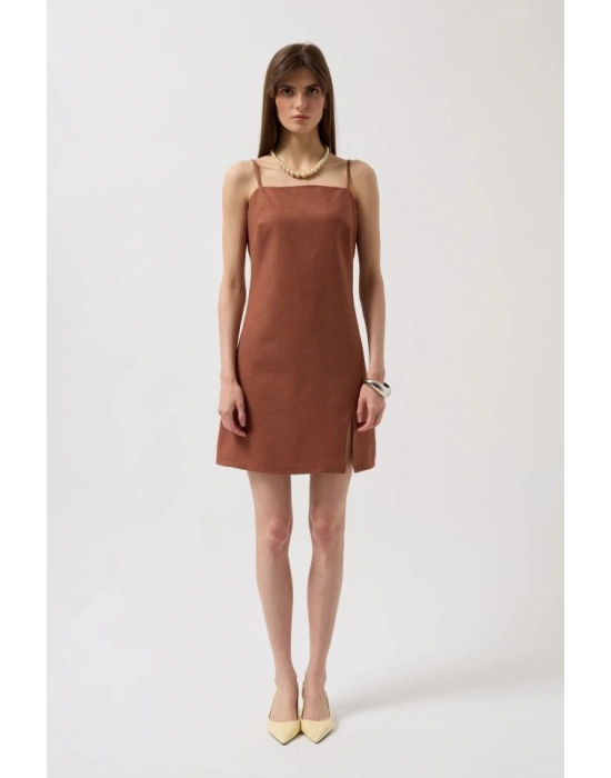 İp Askılı Yırtmaç Detay Keten ini Elbise