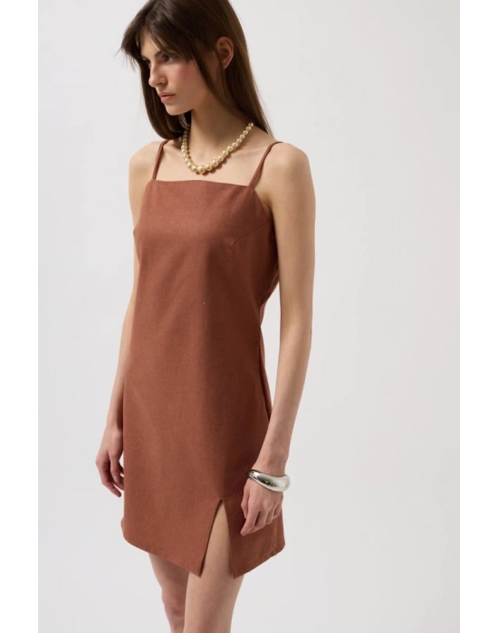 İp Askılı Yırtmaç Detay Keten ini Elbise