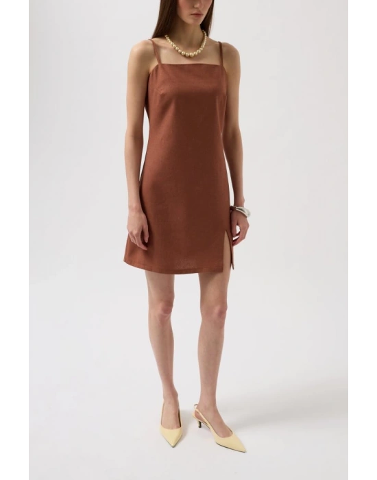 İp Askılı Yırtmaç Detay Keten ini Elbise