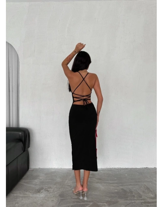 ırt Bağlamalı Derin Yirtmaç Askılı Elbise  iyah