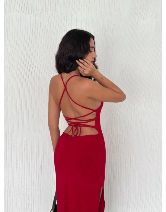 ırt Bağlamalı Derin Yirtmaç Askılı Elbise  Kırmızı