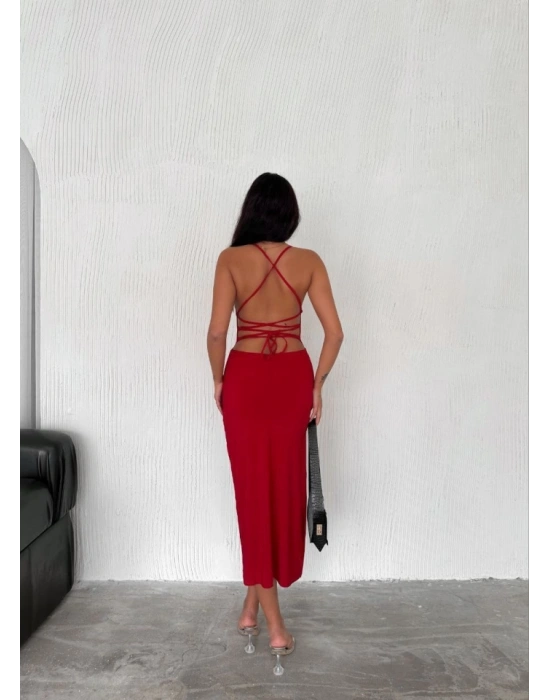 ırt Bağlamalı Derin Yirtmaç Askılı Elbise  Kırmızı