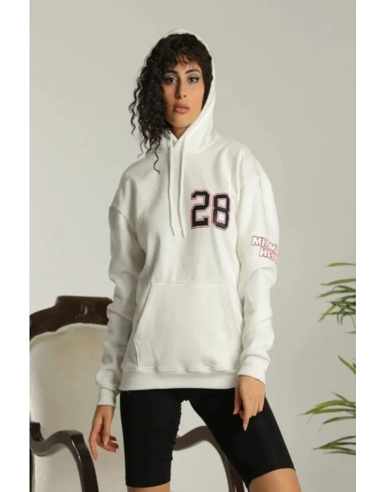 ırt Baskılı Oversize Üç İplik Kapüşonlu weatshirt  Beyaz