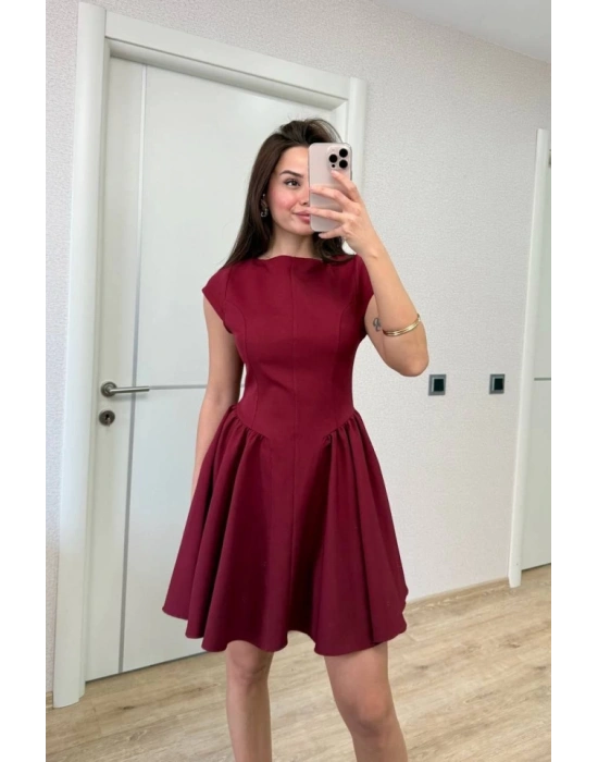 ırt Dekolteli Çan Detaylı ini Elbise  Bordo