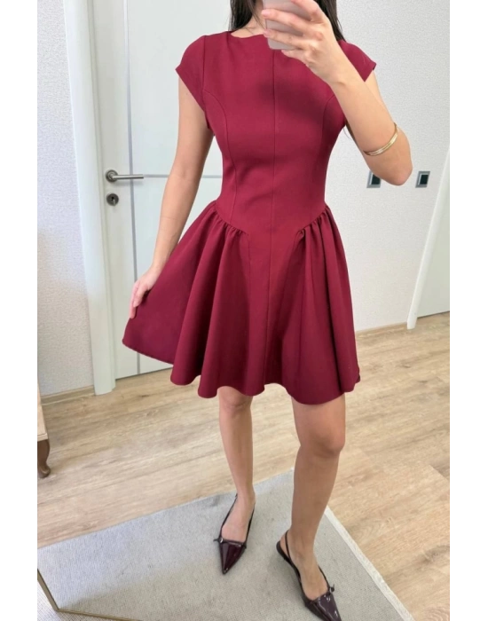 ırt Dekolteli Çan Detaylı ini Elbise  Bordo