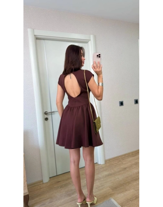 ırt Dekolteli Çan Detaylı ini Elbise  Kahverengi