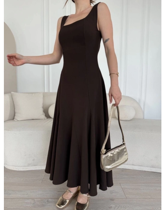 ırt Dekolteli Kolsuz Uzun Elbise  Kahverengi