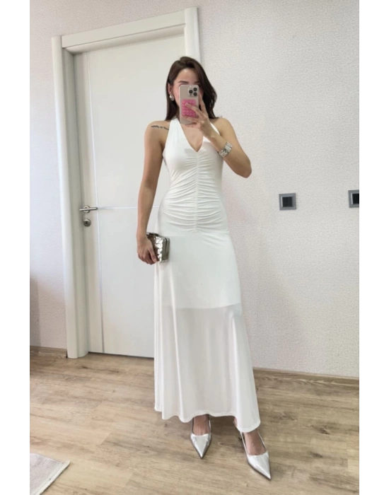 ırt Dekolteli Uzun Kollu Elbise  Beyaz