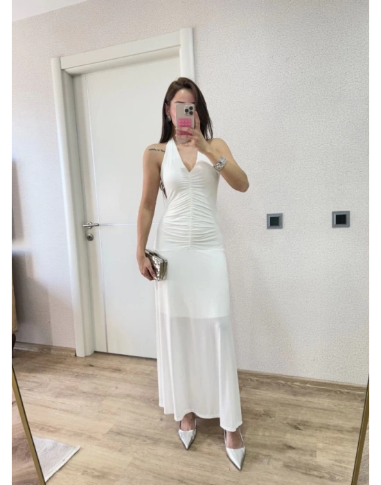 ırt Dekolteli Uzun Kollu Elbise  Beyaz