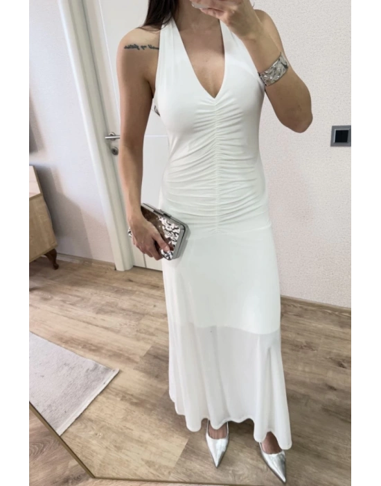 ırt Dekolteli Uzun Kollu Elbise  Beyaz