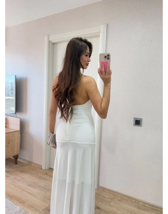 ırt Dekolteli Uzun Kollu Elbise  Beyaz