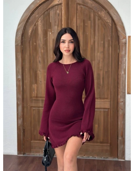 ırt Pencereli ini Triko Elbise  Bordo