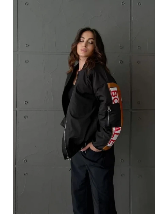 ırt Ve Kol Parça Baskılı Bomber Ceket  iyah