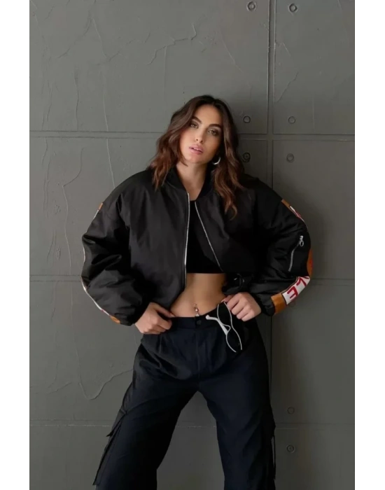 ırt Ve Kol Parça Baskılı Bomber Ceket  iyah